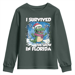 I Survived The Snow In Florida Youth Sweatshirt Funny Crocodile TS02 Dark Forest Green Print Your Wear