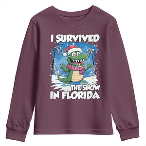I Survived The Snow In Florida Youth Sweatshirt Funny Crocodile TS02 Maroon Print Your Wear