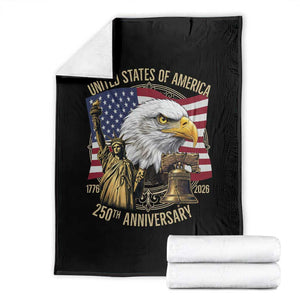 USA 250th Anniversary 1776 2026 4th of July Throw Blanket Patriotic Eagle Liberty Bell Statue of Liberty Graphic TS02 Black Print Your Wear