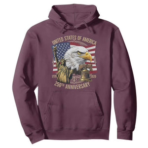 USA 250th Anniversary 1776 2026 4th of July Hoodie Patriotic Eagle Liberty Bell Statue of Liberty Graphic TS02 Maroon Print Your Wear