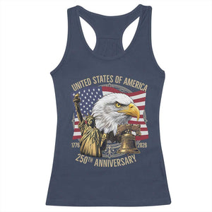 USA 250th Anniversary 1776 2026 4th of July Racerback Tank Top Patriotic Eagle Liberty Bell Statue of Liberty Graphic TS02 Navy Print Your Wear