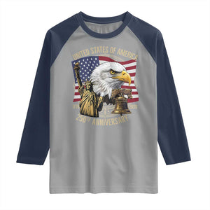 USA 250th Anniversary 1776 2026 4th of July Raglan Shirt Patriotic Eagle Liberty Bell Statue of Liberty Graphic TS02 Sport Gray Navy Print Your Wear