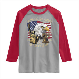 USA 250th Anniversary 1776 2026 4th of July Raglan Shirt Patriotic Eagle Liberty Bell Statue of Liberty Graphic TS02 Sport Gray Red Print Your Wear