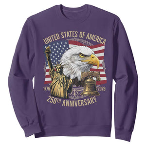 USA 250th Anniversary 1776 2026 4th of July Sweatshirt Patriotic Eagle Liberty Bell Statue of Liberty Graphic TS02 Purple Print Your Wear