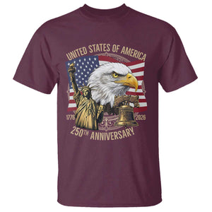 USA 250th Anniversary 1776 2026 4th of July T Shirt Patriotic Eagle Liberty Bell Statue of Liberty Graphic TS02 Maroon Print Your Wear