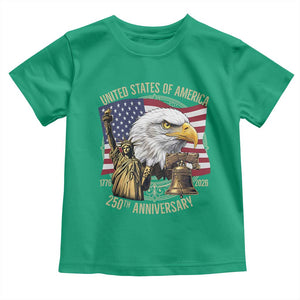 USA 250th Anniversary 1776 2026 4th of July Toddler T Shirt Patriotic Eagle Liberty Bell Statue of Liberty Graphic TS02 Irish Green Print Your Wear