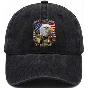 USA 250th Anniversary 1776 2026 4th of July Washed Cotton Baseball Cap Patriotic Eagle Liberty Bell Statue of Liberty Graphic TS02 Washed Cap Universal Fit Black Print Your Wear