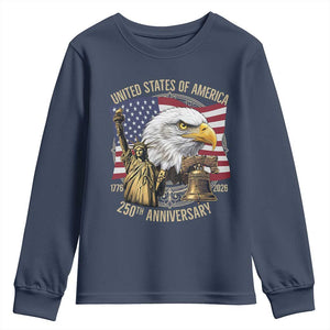 USA 250th Anniversary 1776 2026 4th of July Youth Sweatshirt Patriotic Eagle Liberty Bell Statue of Liberty Graphic TS02 Navy Print Your Wear