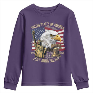 USA 250th Anniversary 1776 2026 4th of July Youth Sweatshirt Patriotic Eagle Liberty Bell Statue of Liberty Graphic TS02 Purple Print Your Wear