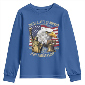 USA 250th Anniversary 1776 2026 4th of July Youth Sweatshirt Patriotic Eagle Liberty Bell Statue of Liberty Graphic TS02 Royal Blue Print Your Wear