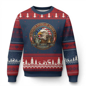 USA 250th Anniversary Emblem 1776 2026 Ugly Christmas Sweater Patriotic Seal with Bald Eagle Liberty Bell Statue of Liberty TS02 Navy Red Print Your Wear