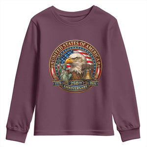 USA 250th Anniversary Emblem 1776 2026 Youth Sweatshirt Patriotic Seal with Bald Eagle Liberty Bell Statue of Liberty TS02 Maroon Print Your Wear
