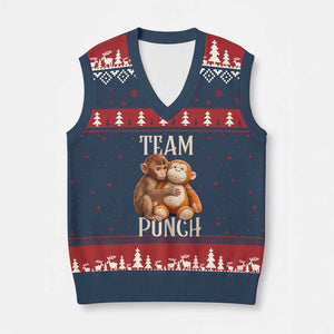 Team Punch Cute Baby Monkey Hugging Plush Toy Graphic V-Neck Knit Sweater Vest TS02 Navy Red Print Your Wear