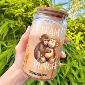 Team Punch Cute Baby Monkey Hugging Plush Toy Graphic Glass Can TS02 Black Print Your Wear