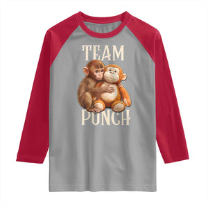 Team Punch Cute Baby Monkey Hugging Plush Toy Graphic Raglan Shirt TS02 Sport Gray Red Print Your Wear