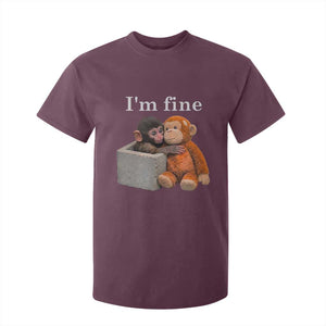 I’m Fine Viral Punch Monkey Meme T Shirt For Kid Cute Baby Monkey Hugging Plush Emotional Humor Gift TS02 Maroon Print Your Wear