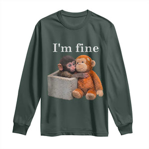 I’m Fine Viral Punch Monkey Meme Long Sleeve Shirt Cute Baby Monkey Hugging Plush Emotional Humor Gift TS02 Dark Forest Green Print Your Wear