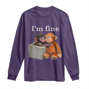 I’m Fine Viral Punch Monkey Meme Long Sleeve Shirt Cute Baby Monkey Hugging Plush Emotional Humor Gift TS02 Purple Print Your Wear