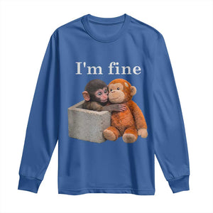 I’m Fine Viral Punch Monkey Meme Long Sleeve Shirt Cute Baby Monkey Hugging Plush Emotional Humor Gift TS02 Royal Blue Print Your Wear