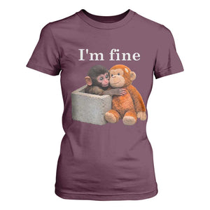 I’m Fine Viral Punch Monkey Meme T Shirt For Women Cute Baby Monkey Hugging Plush Emotional Humor Gift TS02 Maroon Print Your Wear