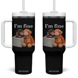 I’m Fine Viral Punch Monkey Meme Tumbler With Handle Cute Baby Monkey Hugging Plush Emotional Humor Gift TS02 One Size: 40 oz Black Print Your Wear