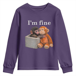 I’m Fine Viral Punch Monkey Meme Youth Sweatshirt Cute Baby Monkey Hugging Plush Emotional Humor Gift TS02 Purple Print Your Wear