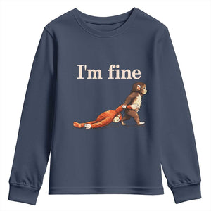 I’m Fine Funny Monkey Meme Youth Sweatshirt Viral Punch Baby Monkey Relatable Cute Gift TS02 Navy Print Your Wear