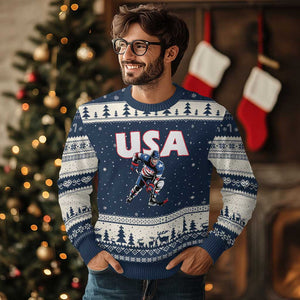 USA Ice Hockey Player Patriotic Graphic Ugly Christmas Sweater Red White and Blue American Sports Fan