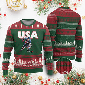 USA Ice Hockey Player Patriotic Graphic Ugly Christmas Sweater Red White and Blue American Sports Fan