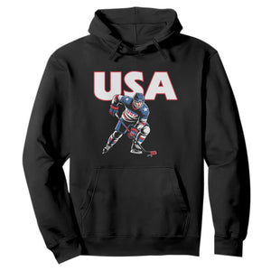 USA Ice Hockey Player Patriotic Graphic Hoodie Red White and Blue American Sports Fan TS02 Black Print Your Wear