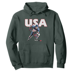 USA Ice Hockey Player Patriotic Graphic Hoodie Red White and Blue American Sports Fan TS02 Dark Forest Green Print Your Wear
