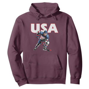 USA Ice Hockey Player Patriotic Graphic Hoodie Red White and Blue American Sports Fan TS02 Maroon Print Your Wear