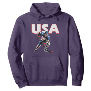 USA Ice Hockey Player Patriotic Graphic Hoodie Red White and Blue American Sports Fan TS02 Purple Print Your Wear
