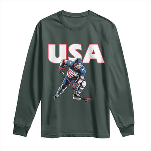 USA Ice Hockey Player Patriotic Graphic Long Sleeve Shirt Red White and Blue American Sports Fan TS02 Dark Forest Green Print Your Wear