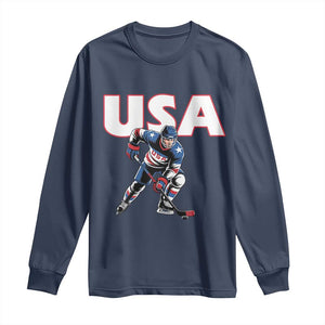 USA Ice Hockey Player Patriotic Graphic Long Sleeve Shirt Red White and Blue American Sports Fan TS02 Navy Print Your Wear