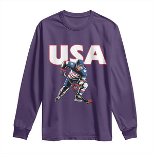 USA Ice Hockey Player Patriotic Graphic Long Sleeve Shirt Red White and Blue American Sports Fan TS02 Purple Print Your Wear