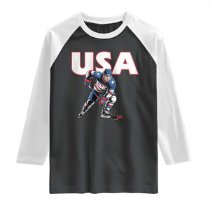 USA Ice Hockey Player Patriotic Graphic Raglan Shirt Red White and Blue American Sports Fan TS02 Black White Print Your Wear