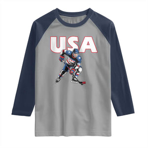 USA Ice Hockey Player Patriotic Graphic Raglan Shirt Red White and Blue American Sports Fan TS02 Sport Gray Navy Print Your Wear