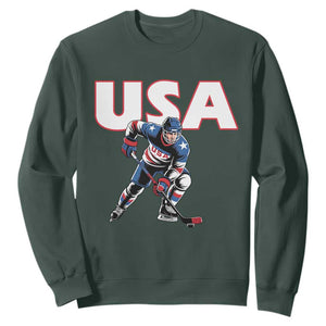 USA Ice Hockey Player Patriotic Graphic Sweatshirt Red White and Blue American Sports Fan TS02 Dark Forest Green Print Your Wear