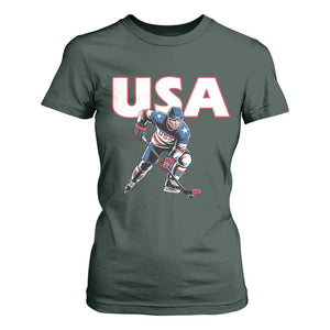 USA Ice Hockey Player Patriotic Graphic T Shirt For Women Red White and Blue American Sports Fan TS02 Dark Forest Green Print Your Wear