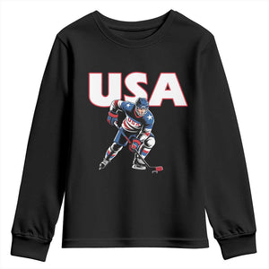 USA Ice Hockey Player Patriotic Graphic Youth Sweatshirt Red White and Blue American Sports Fan TS02 Black Print Your Wear