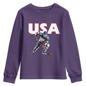 USA Ice Hockey Player Patriotic Graphic Youth Sweatshirt Red White and Blue American Sports Fan TS02 Purple Print Your Wear