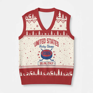 United States Hockey Champs 2026 Milan Italy V-Neck Knit Sweater Vest Patriotic USA Gold Medal Winter Games Fan TS02 Beige Red Print Your Wear