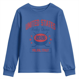 United States Hockey Champs 2026 Milan Italy Youth Sweatshirt Patriotic USA Gold Medal Winter Games Fan TS02 Royal Blue Print Your Wear