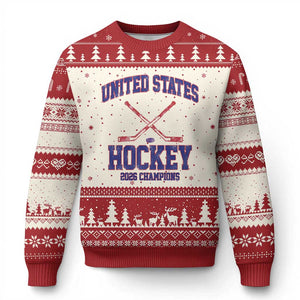 United States Hockey 2026 Champions Ugly Christmas Sweater Patriotic USA Ice Hockey Victory Fan TS02 Beige Red Print Your Wear