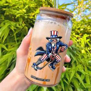 Uncle Sam Playing Hockey Patriotic Graphic Glass Can Funny USA Ice Hockey American Pride TS02 Black Print Your Wear