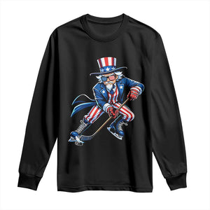 Uncle Sam Playing Hockey Patriotic Graphic Long Sleeve Shirt Funny USA Ice Hockey American Pride TS02 Black Print Your Wear