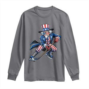 Uncle Sam Playing Hockey Patriotic Graphic Long Sleeve Shirt Funny USA Ice Hockey American Pride TS02 Charcoal Print Your Wear