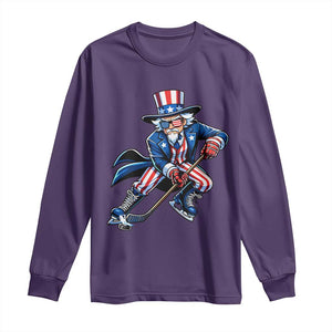 Uncle Sam Playing Hockey Patriotic Graphic Long Sleeve Shirt Funny USA Ice Hockey American Pride TS02 Purple Print Your Wear