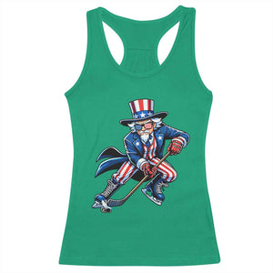 Uncle Sam Playing Hockey Patriotic Graphic Racerback Tank Top Funny USA Ice Hockey American Pride TS02 Irish Green Print Your Wear